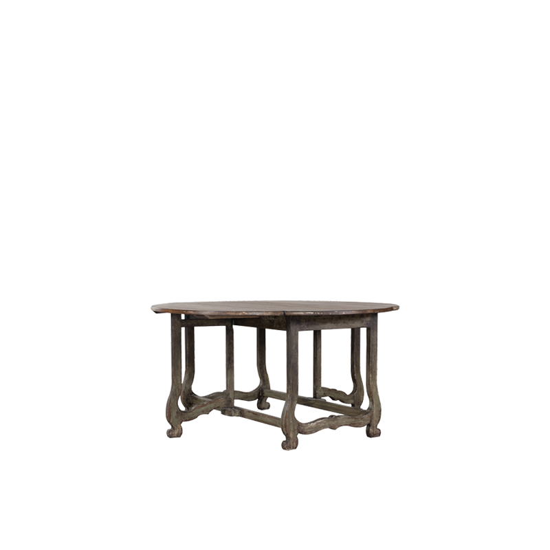 Mesa de comedor redonda con soporte inferior de metal y tablero de madera