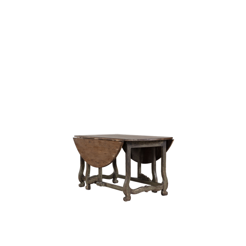 Mesa de comedor redonda con tablero de madera marrón y patas de metal