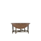 Mesa de comedor redonda con tablero de madera marrón y marco metálico