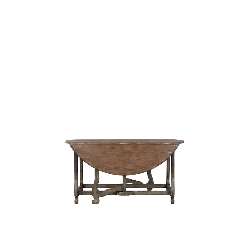 Mesa de comedor redonda con tablero de madera marrón y marco metálico