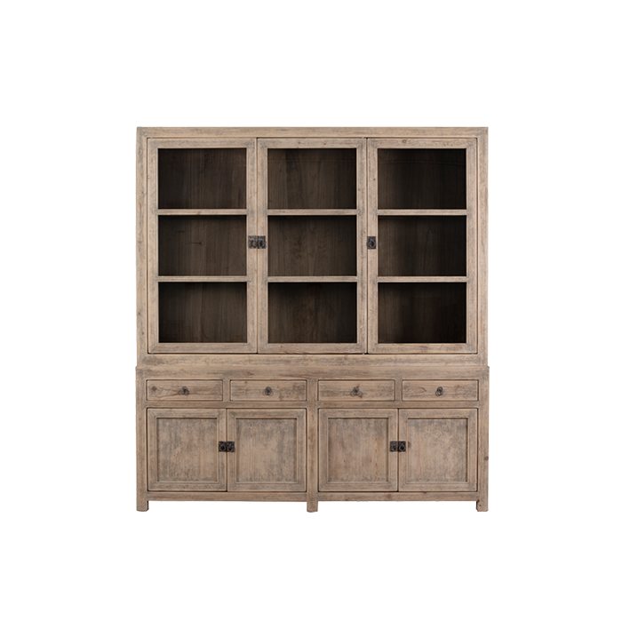 Vitrina de madera clara Heritage con vitrinas de vidrio y cajones inferiores