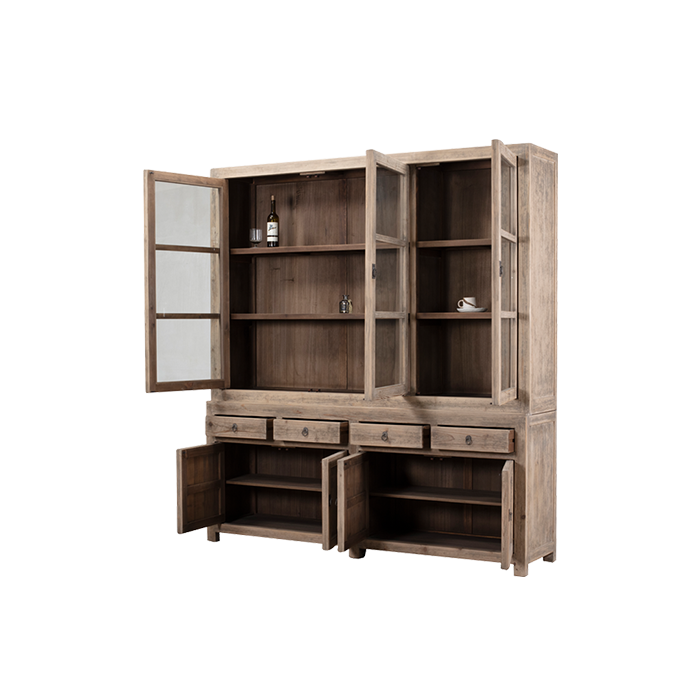 Vitrina Heritage de madera clara abierta, con repisas interiores y puertas abatibles