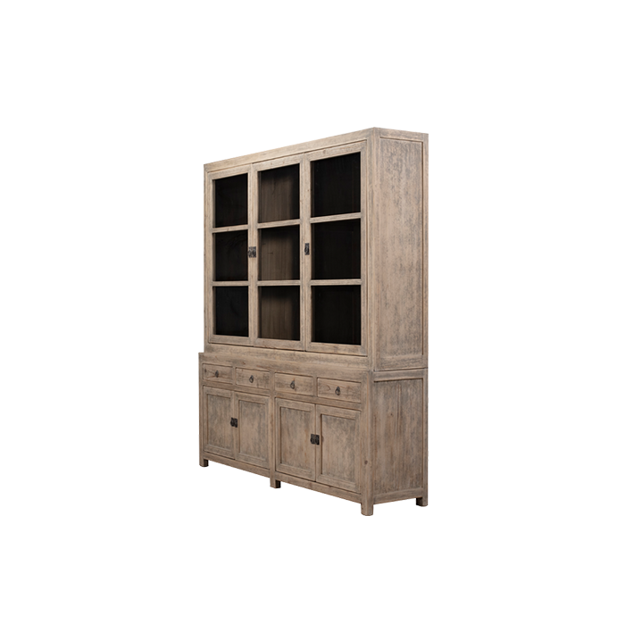 Vitrina Heritage de madera clara con paneles de vidrio y puertas inferiores
