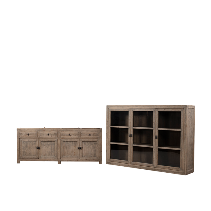Vitrina Heritage de madera clara con cajones y compartimentos con vidrio