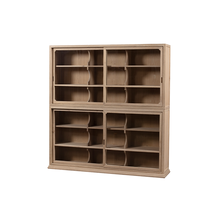 Librería Heritage de madera clara con puertas deslizables de cristal y compartimentos en el interior