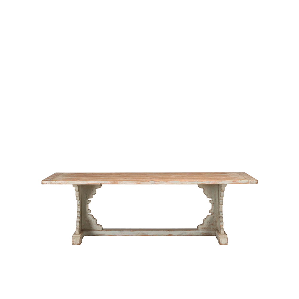 Mesa de comedor Heritage de madera con tablero rectangular y patas blancas envejecidas