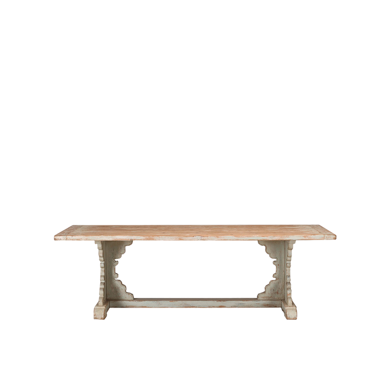 Mesa de comedor Heritage de madera con tablero rectangular y patas blancas envejecidas