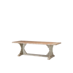 Mesa de comedor de madera con tablero rectangular y dos travesaños en patas blancas