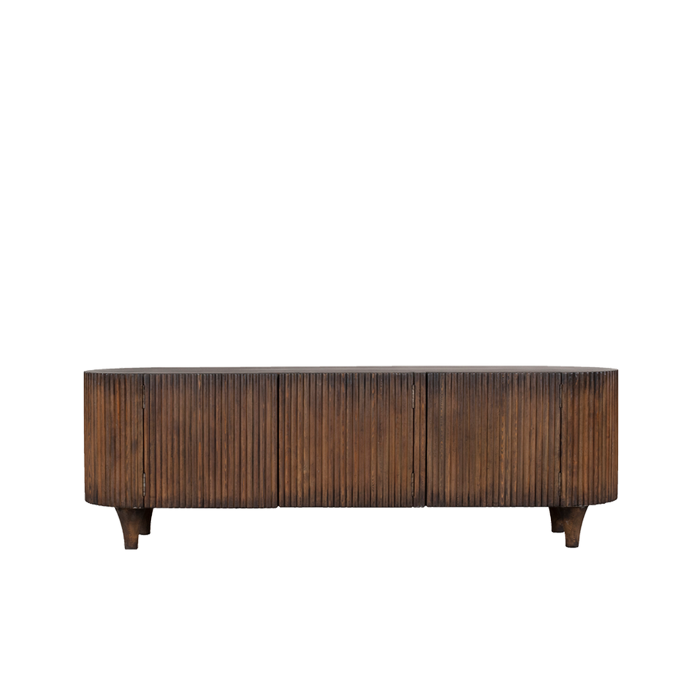 Buffet de madera oscura con frentes ranurados y patas torneadas