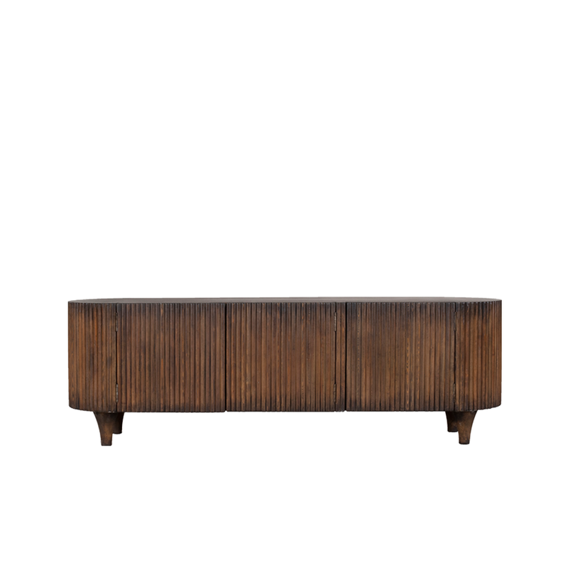 Buffet de madera oscura con frentes ranurados y patas torneadas