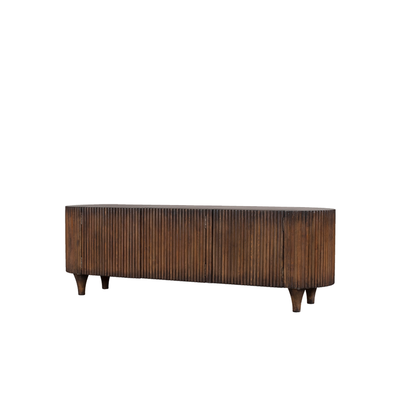 Buffet de madera con dos puertas y vetas verticales, patas cónicas