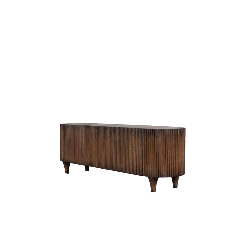 Buffet de madera oscura visto de lado, con patas y vetas marcadas