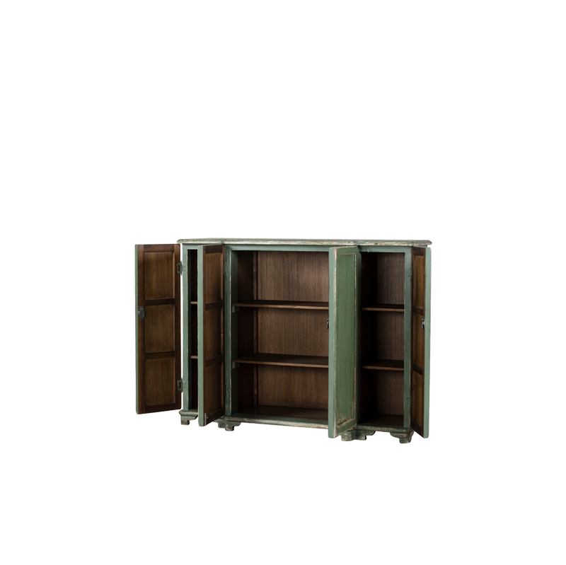 Aparador de madera verde Heritage con puertas abiertas y estantes interiores