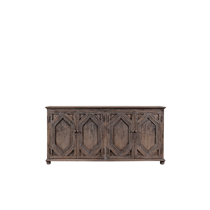 Aparador de madera maciza Heritage gris envejecido, 4 puertas con grabados geométricos