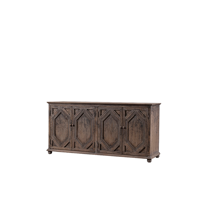 Aparador de madera maciza Heritage gris envejecido, 4 puertas y tiradores metálicos