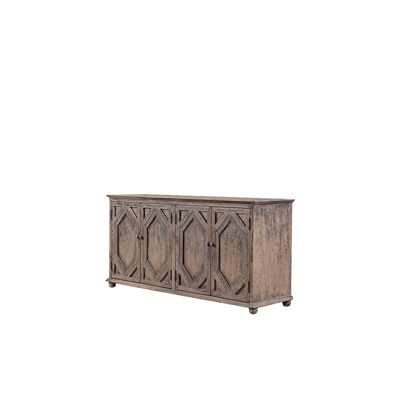 Aparador de madera maciza Heritage gris envejecido, vista lateral con patas torneadas