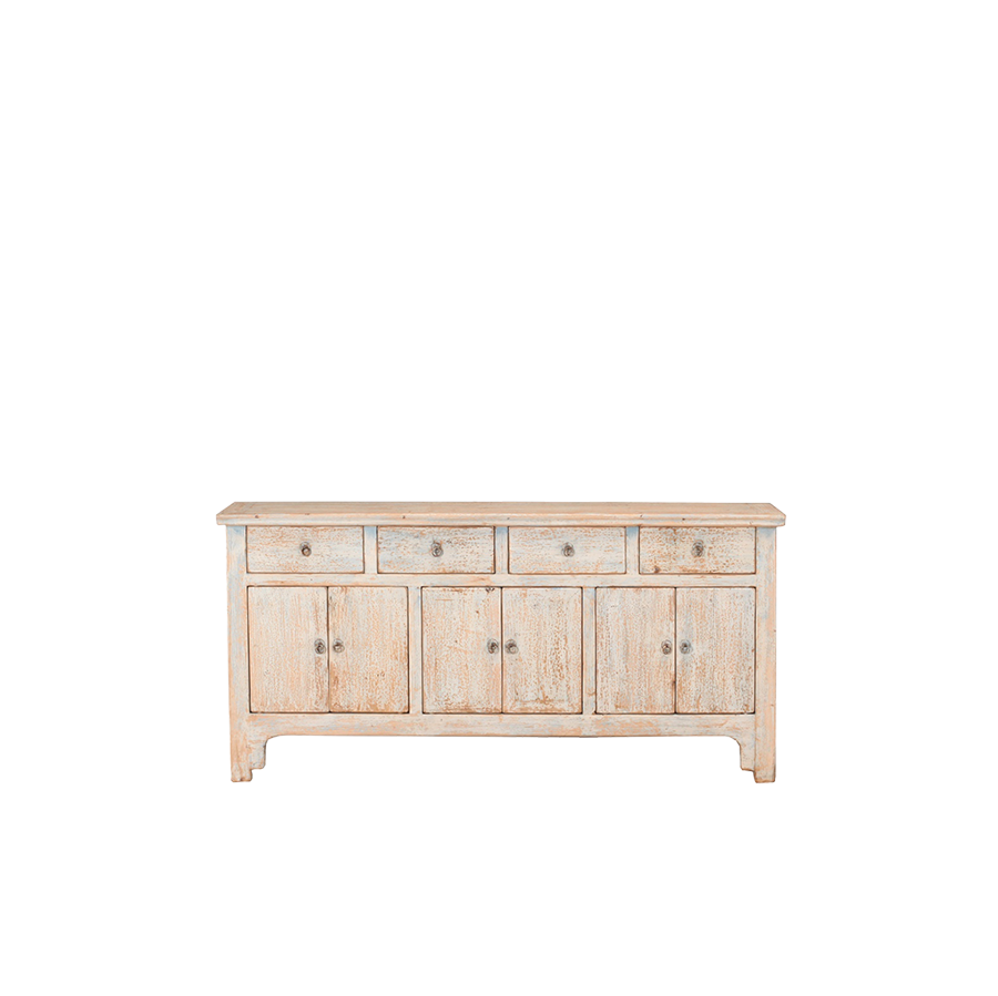 Aparador de madera decapada con 2 cajones y 4 puertas, acabado desgastado claro