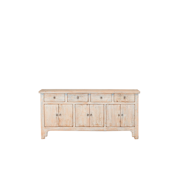 Aparador de madera decapada con 2 cajones y 4 puertas, acabado desgastado claro