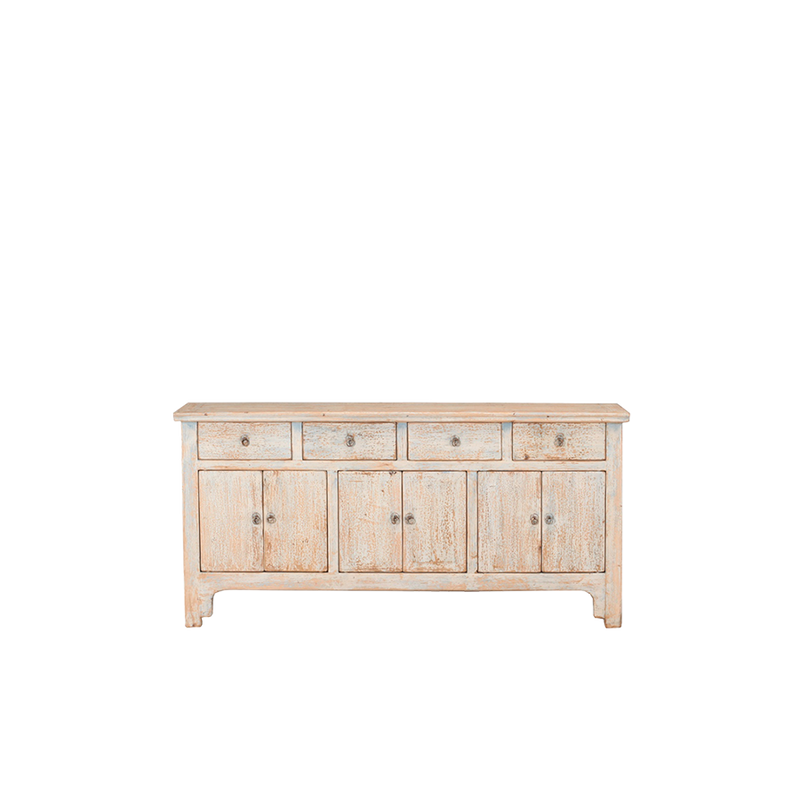 Aparador de madera decapada con 2 cajones y 4 puertas, acabado desgastado claro