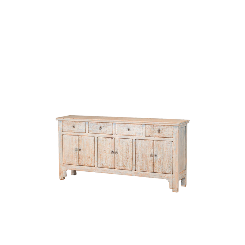 Aparador de madera decapada con 2 cajones, 4 puertas y patas curvas, claro