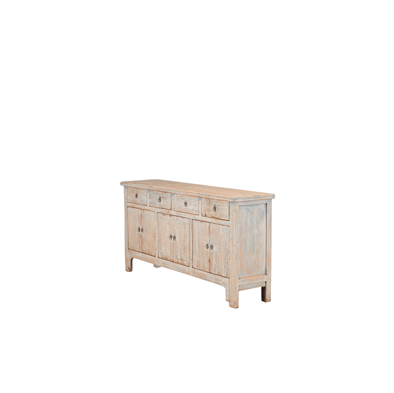Aparador de madera decapada con puertas y 2 cajones, vista lateral, acabado desgastado