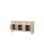 Aparador de madera decapada con puertas abiertas y compartimentos interiores