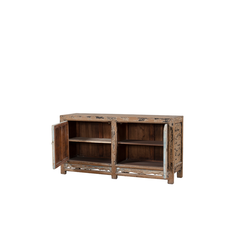 Aparador Heritage de madera decapada con dos puertas abiertas y dos huecos
