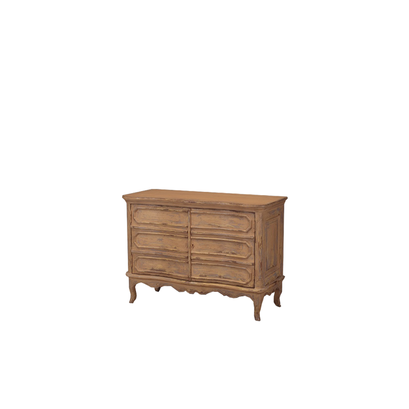 Aparador Heritage de madera, vista lateral con dos paneles decorados