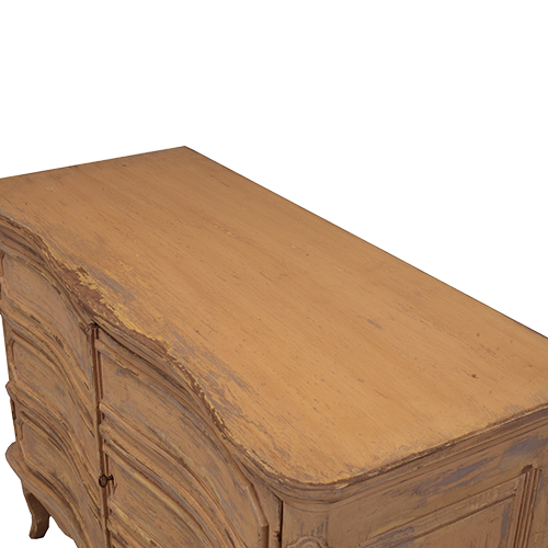 Aparador Heritage de madera, detalle de tapa y vetas con acabado desgastado