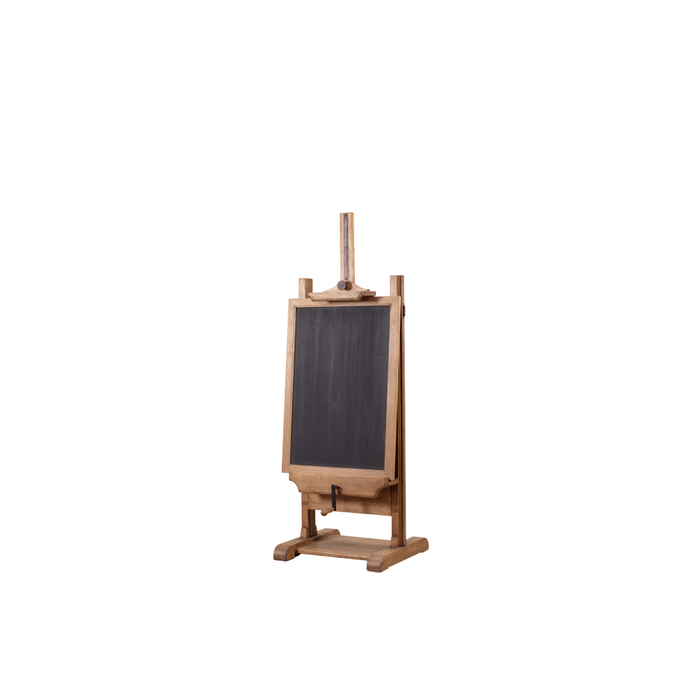 Caballete de madera con pizarra negra rectangular y soporte plegable