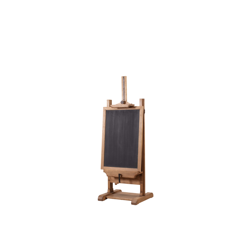 Caballete de madera con pizarra negra rectangular y soporte plegable