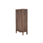 Armario de madera con dos puertas, vista lateral, patas de madera y acabado envejecido