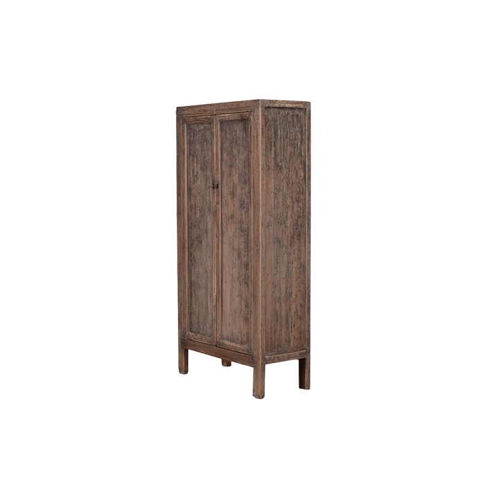 Armario de madera con dos puertas, vista lateral, patas de madera y acabado envejecido