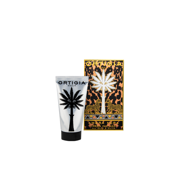 Crema de manos Ambra Nera en tubo y caja con diseño animal print y flor