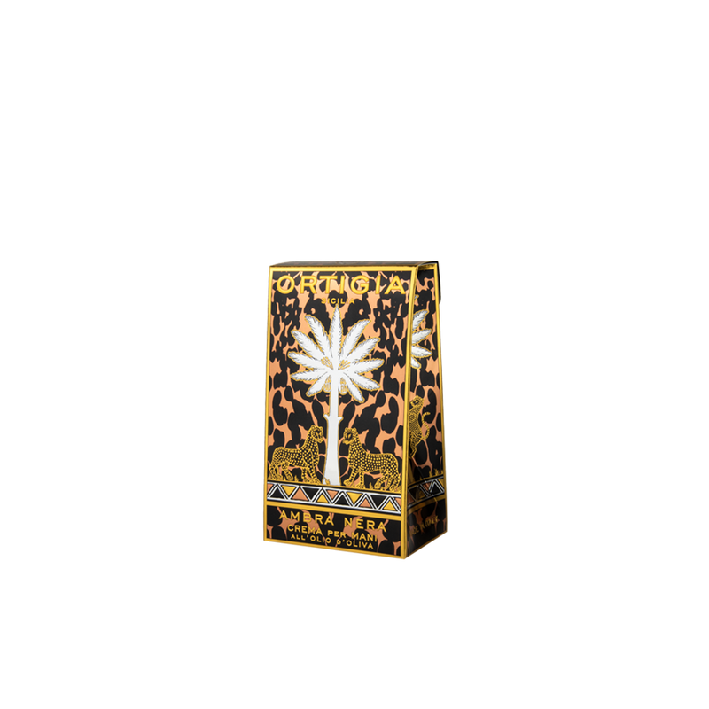 Caja de crema de manos Ambra Nera con leopardo y flor blanca
