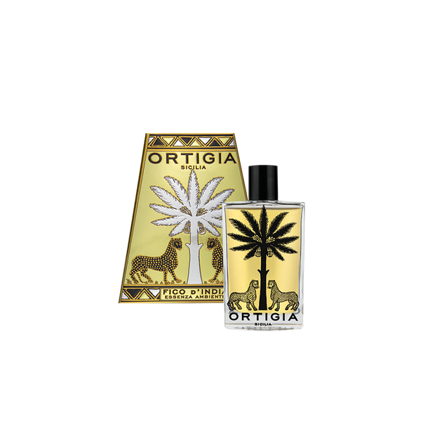 Esencia ambiental Ortigia Fico d'India: botella con tapa negra y caja decorativa amarilla.