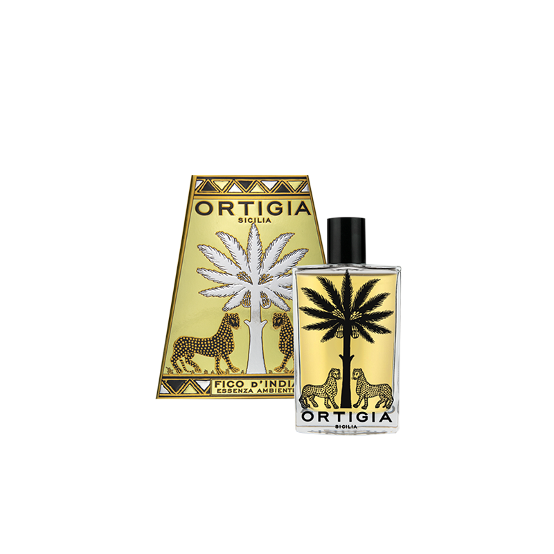Esencia ambiental Ortigia Fico d'India: botella con tapa negra y caja decorativa amarilla.