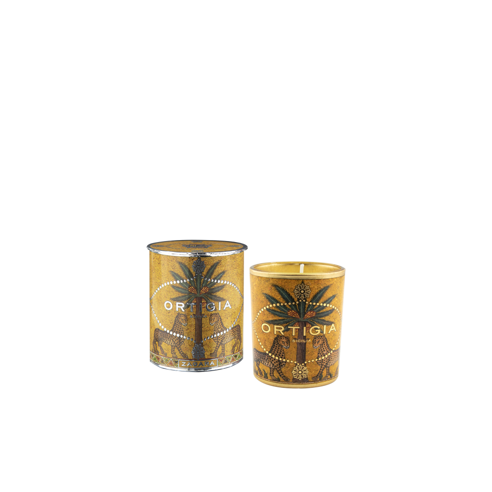 Par de velas en frascos de vidrio dorados con estampado floral ORTIGIA