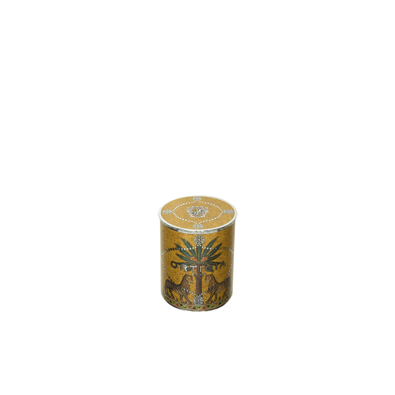 Vela en frasco de vidrio dorado con tapa y estampado ORTIGIA