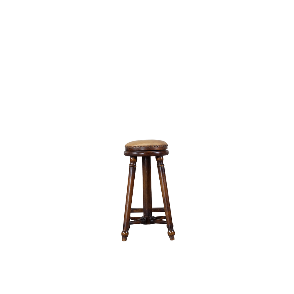 Taburete de madera con asiento redondo y patas torneadas, acabado marrón oscuro.