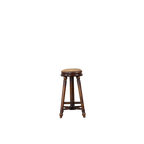 Taburete de madera con asiento redondo y patas torneadas, acabado marrón oscuro.