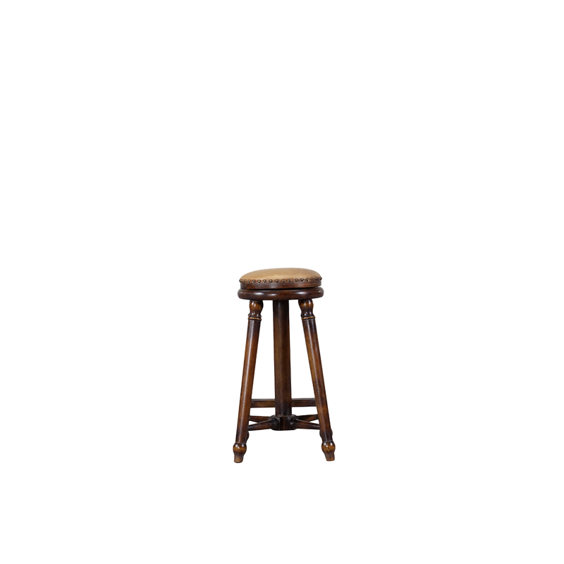 Taburete de madera con asiento redondo y patas torneadas, acabado marrón oscuro.