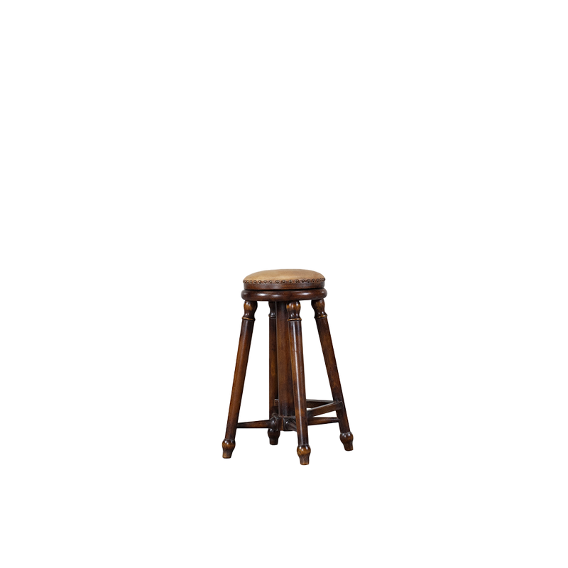 Taburete de madera con asiento redondo, soporte inferior y patas torneadas marrones.