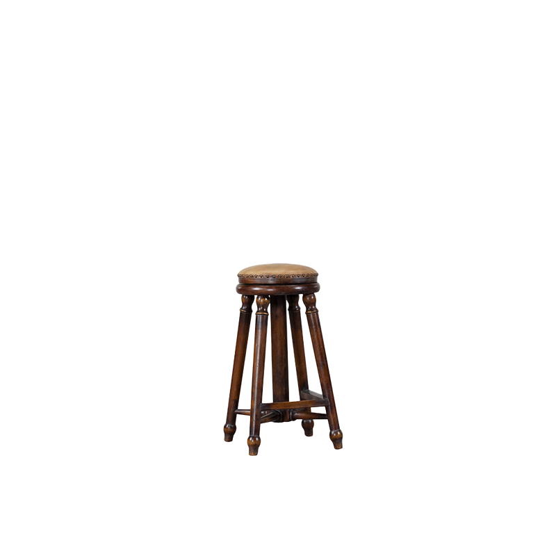 Taburete de madera con asiento redondo y estructura inferior con travesaños.