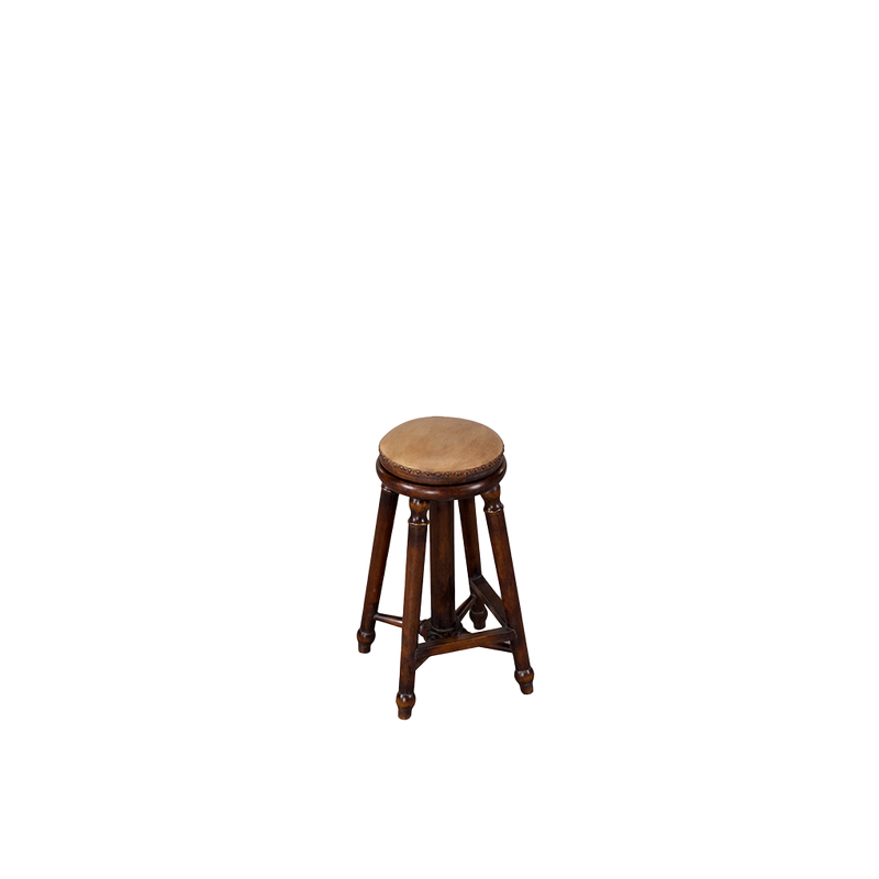Taburete de madera con asiento circular beige y patas torneadas de color marrón.
