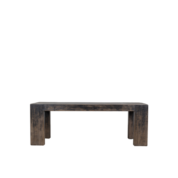 Mesa de comedor de madera oscura con patas escalonadas y acabado envejecido.