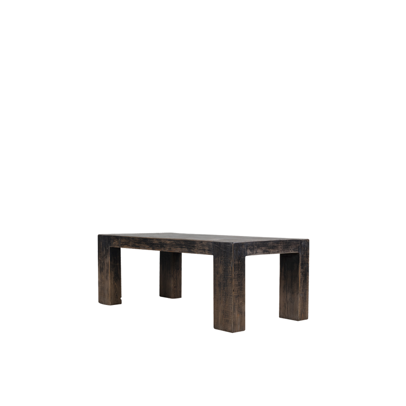 Mesa de comedor rectangular de madera oscura con vetas marcadas y patas robustas.