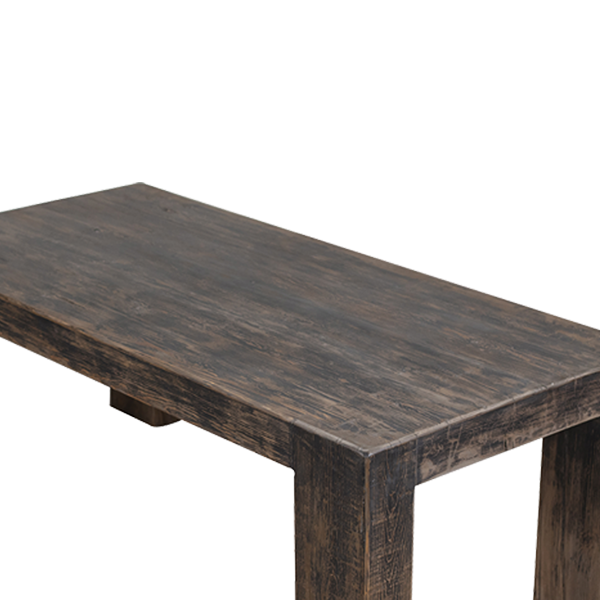 Mesa de comedor de madera oscura: borde con vetas y patas gruesas.