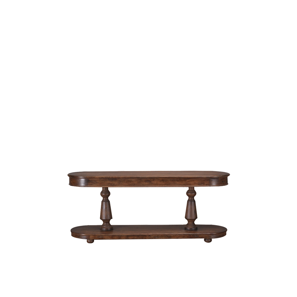 Consola ovalada de madera maciza con dos niveles y patas torneadas.