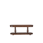 Consola ovalada de madera maciza con dos niveles y patas torneadas.
